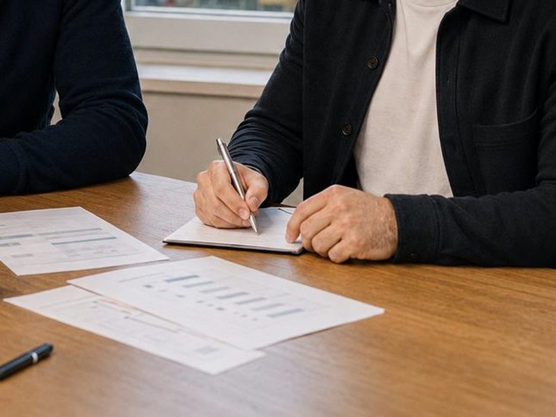 Hände mit Stift über Unterlagen auf einem Besprechungstisch