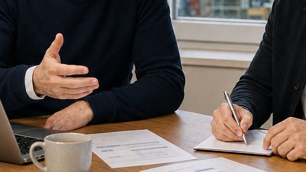 Besprechungstisch mit Laptop, Unterlagen und Händen
