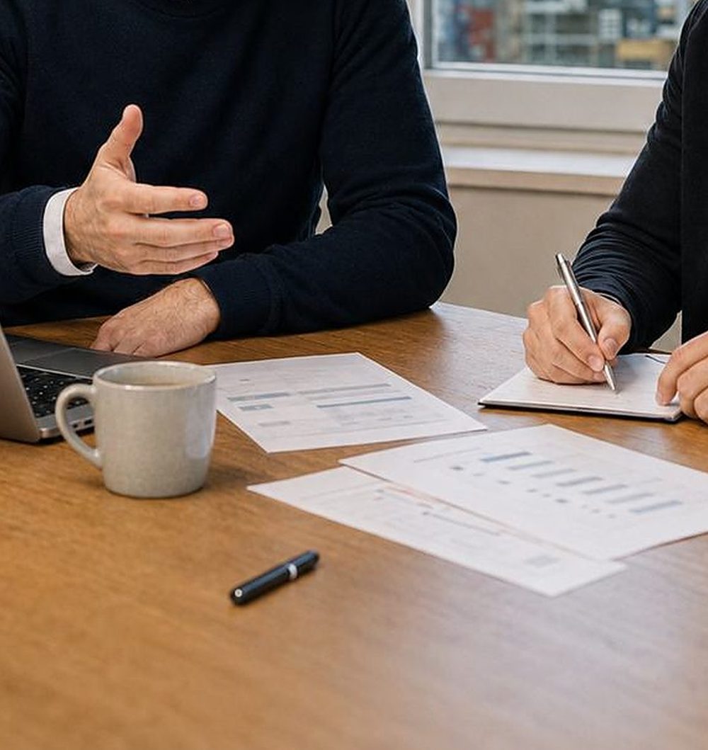 Tisch mit Projektunterlagen, Tasse und Händen