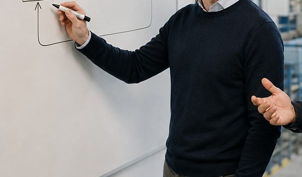 Whiteboard mit einer Prozessskizze aus Kästen und Pfeilen