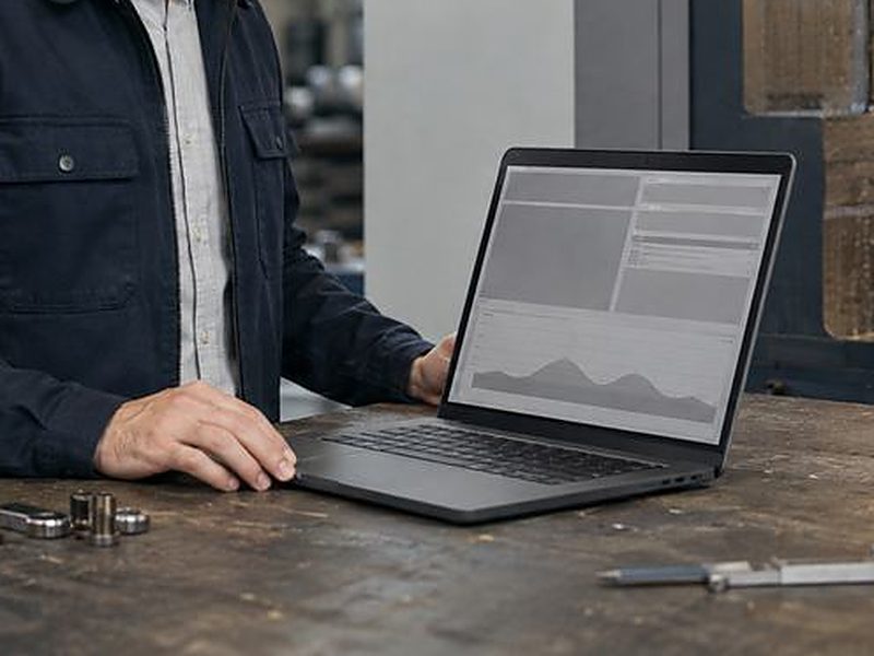Laptop auf einer Werkbank neben einer Drehmaschine